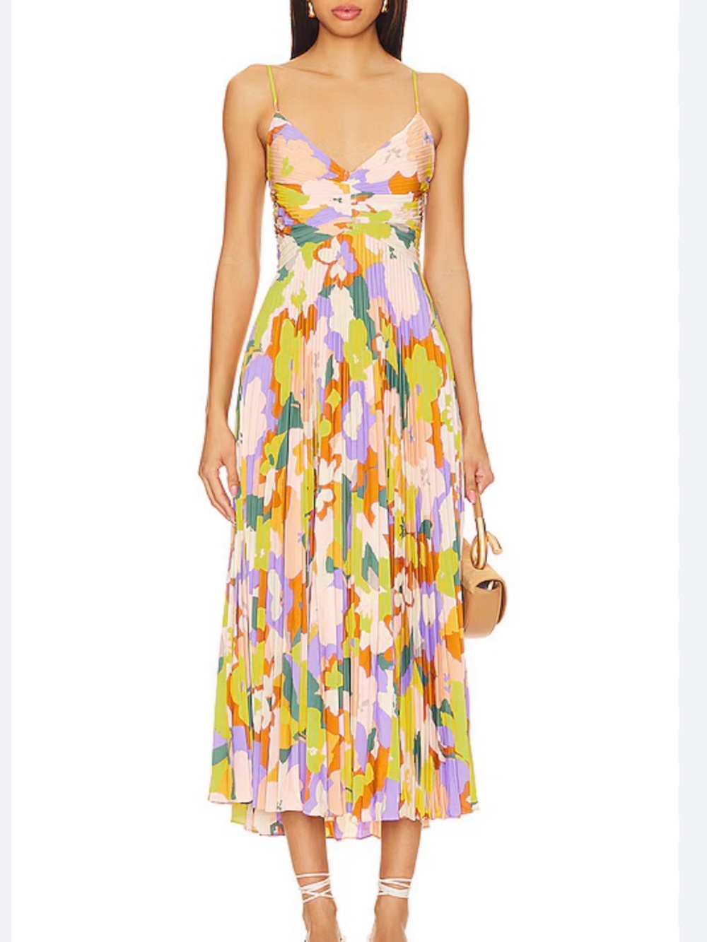 ASTR The Label Gorgeous Lime Rust Floral "Blythe" Plisse' Midi Dress, M, EUC